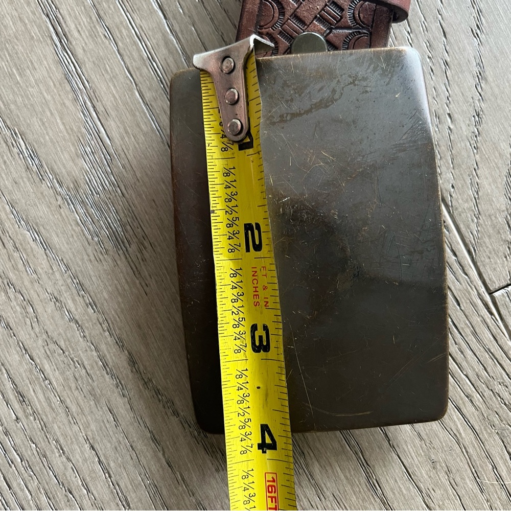 Fossil Tooled Brown Leather Belt with Dark Metal Buckle - Picture 8 of 10